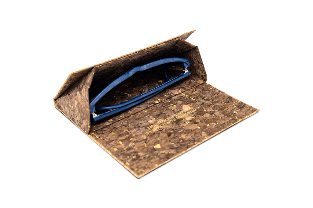 Cork glasses case with blue sunglasses inside on a white background