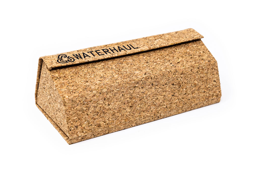 Cork glasses case with 'WATERHAUL' branding on a white background