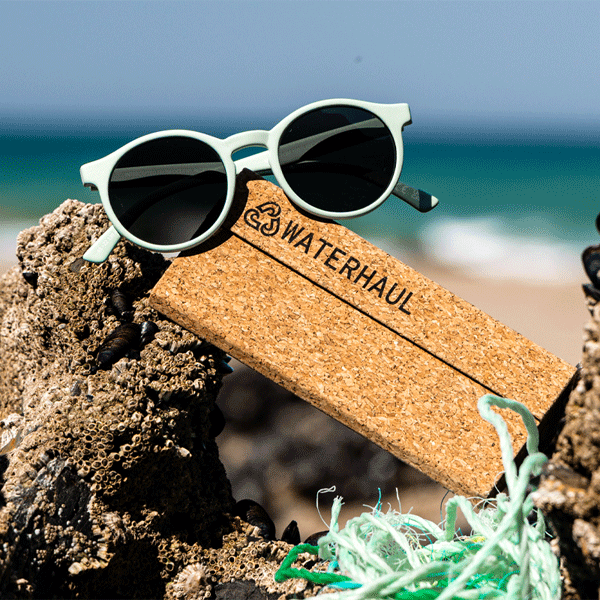 Sunglasses on a cork glasses case with 'WATERHAUL' branding, set against a beach background.