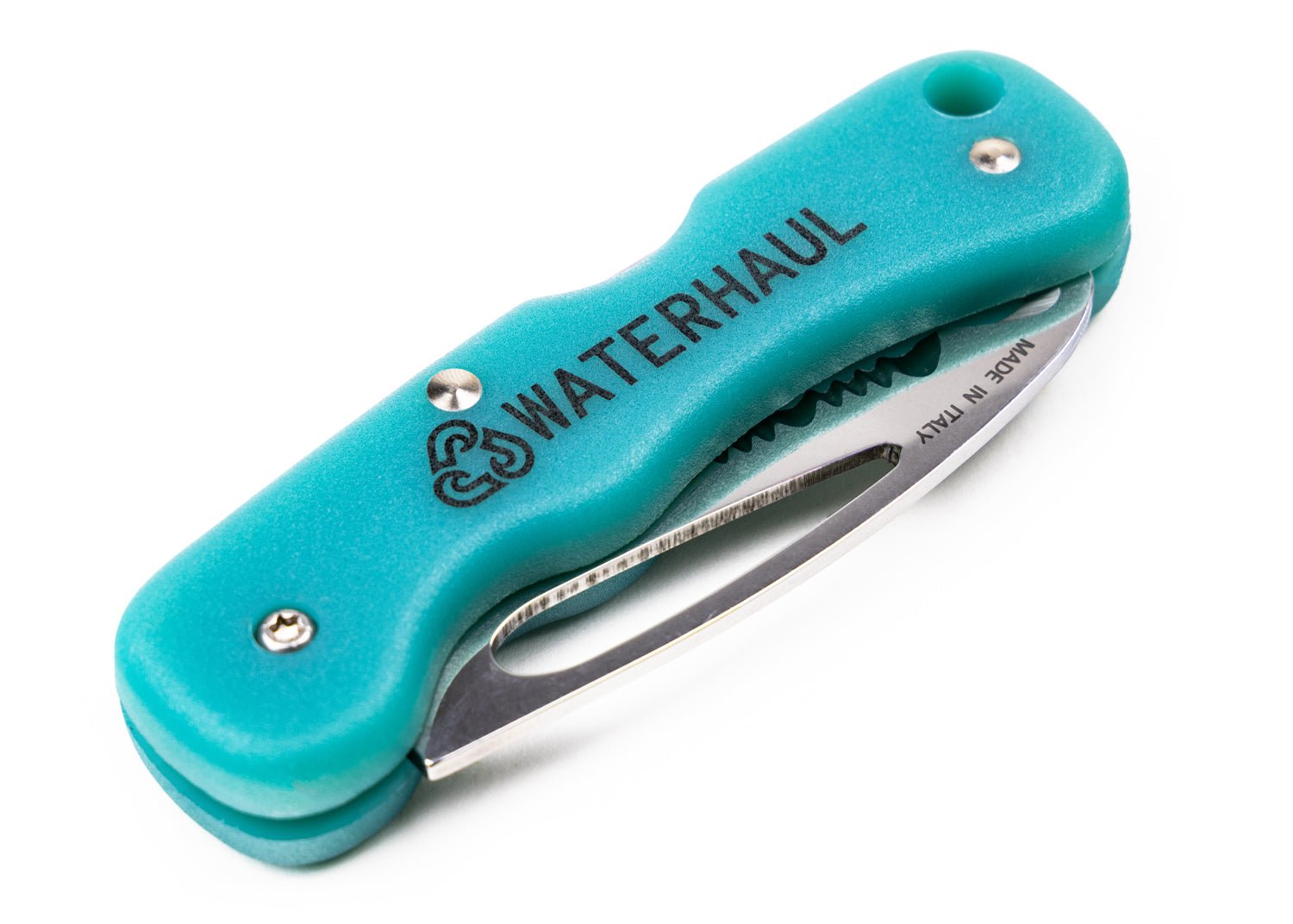 Close up of folding pocket knife with a turquoise handle with blade folded away to show portability, 'Waterhaul' inscribed on the handle.