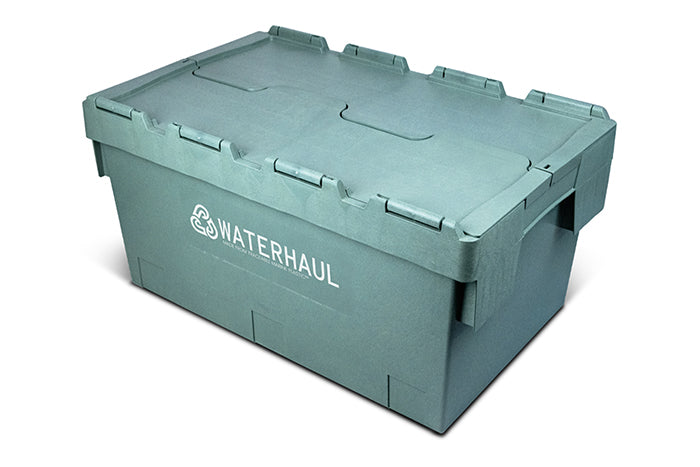 A green 52L storage tote with a hinged lid and handles, bearing the 'Waterhaul' brand logo.