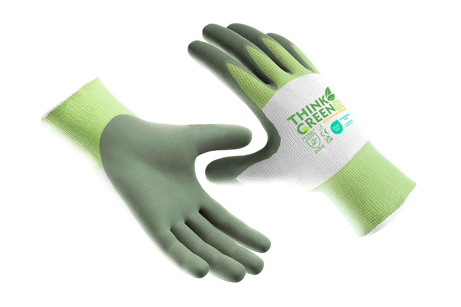 Pair of green gardening gloves with a 'Think Green' label on a white background