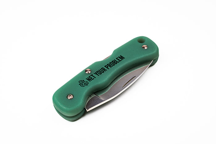Green pocket knife with 'Net your problem' branding against a white background