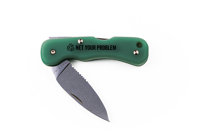 Green pocket knife with 'Net your problem' branding against a white background