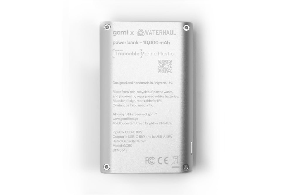 Silver power bank with waterhaul branding and text on a white background