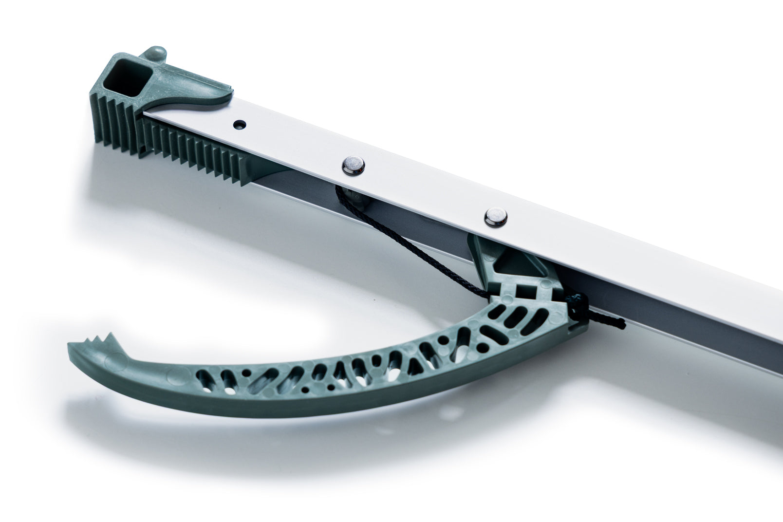 A close up of the green litter picker jaw made from recycled ocean plastic.